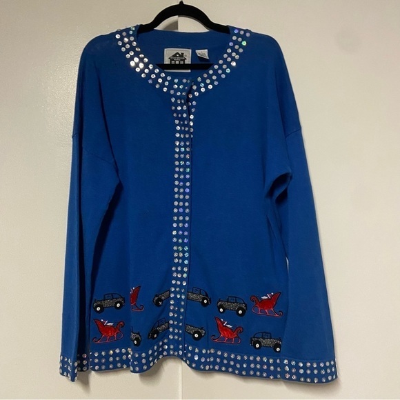 Storybook Knits Sweaters - Vintage Storybook Knits Blue Sled Ride Ugly Christmas Sweater Size L